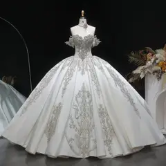 Satin Ball Gown with Silver Embroidery — SW606 Ivory wedding dress, full-length front view