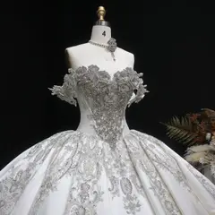 Satin Ball Gown with Silver Embroidery — SW606 Ivory wedding dress, full-length back view