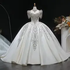 Satin Ball Gown with Silver Floral Embroidery — SW605 Ivory wedding dress, full-length front view