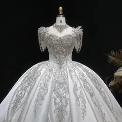 Satin Ball Gown with Silver Floral Embroidery — SW605 Ivory wedding dress, full-length back view