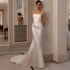 Satin Beaded Overlay Mermaid Train — SW174 Ivory wedding dress, full-length front view