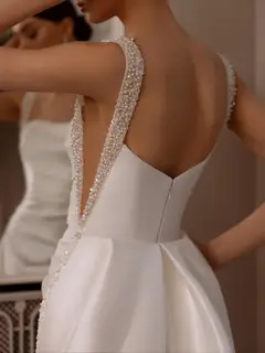Satin Beaded Overlay Mermaid Train — SW174 Ivory wedding dress, full-length back view