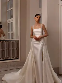 Satin Beaded Overlay Mermaid Train — SW174 Ivory wedding dress, full-length side view