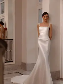 Satin Beaded Overlay Mermaid Train — SW174 Ivory wedding dress, view 4