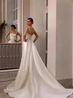 Satin Beaded Overlay Mermaid Train — SW174 Ivory wedding dress, close-up detail