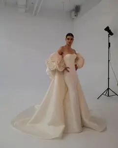 Satin Mermaid 3D Giant Rose Floral With Veil — SW661 Ivory wedding dress, full-length back view