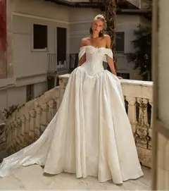 Satin Off-the-Shoulder Ball Gown with Train — SW181 Ivory wedding dress, full-length front view