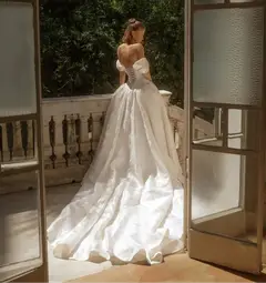 Satin Off-the-Shoulder Ball Gown with Train — SW181 Ivory wedding dress, full-length back view