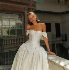 Satin Off-the-Shoulder Ball Gown with Train — SW181 Ivory wedding dress, view 3