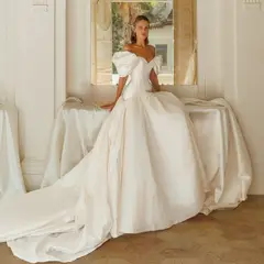 Satin Off-the-Shoulder Puff Sleeve Ball Gown — SW192 Ivory wedding dress, full-length back view