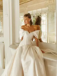Satin Off-the-Shoulder Puff Sleeve Ball Gown — SW192 Ivory wedding dress, full-length side view
