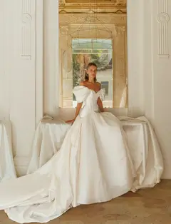 Satin Off-the-Shoulder Puff Sleeve Ball Gown — SW192 Ivory wedding dress, view 4