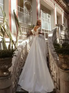 Satin Off-the-Shoulder Puff Sleeve Ball Gown — SW192 Ivory wedding dress, view 5
