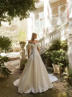 Satin Off-the-Shoulder Puff Sleeve Ball Gown — SW192 Ivory wedding dress, view 6