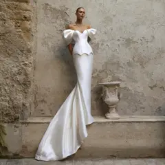 Satin Off-the-Shoulder Puff Sleeve Mermaid — SW178 Ivory wedding dress, full-length front view