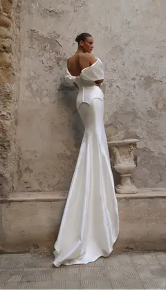 Satin Off-the-Shoulder Puff Sleeve Mermaid — SW178 Ivory wedding dress, full-length back view