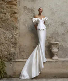 Satin Off-the-Shoulder Puff Sleeve Mermaid — SW178 Ivory wedding dress, view 3