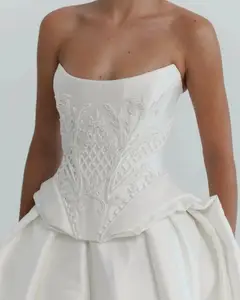 Satin Strapless Beaded Ball Gown Train — SW599 Ivory wedding dress, full-length back view