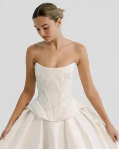 Satin Strapless Beaded Ball Gown Train — SW599 Ivory wedding dress, full-length side view