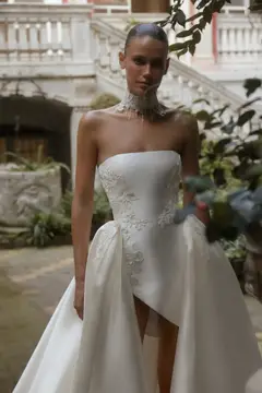 Satin Strapless High Slit Ball Gown with Choker — SW186 Ivory wedding dress, full-length back view