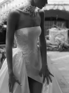 Satin Strapless High Slit Ball Gown with Choker — SW186 Ivory wedding dress, full-length side view