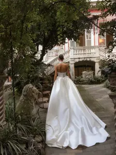 Satin Strapless High Slit Ball Gown with Choker — SW186 Ivory wedding dress, view 4