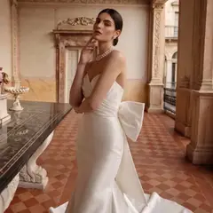 Satin with Buttons & Train — SW718 Ivory wedding dress, full-length back view