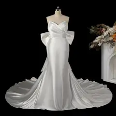 Satin with Buttons & Train — SW718 Ivory wedding dress, full-length side view