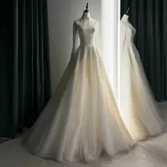 Sequin Pearl Long Sleeve Ball Gown — SW518 Ivory wedding dress, full-length front view