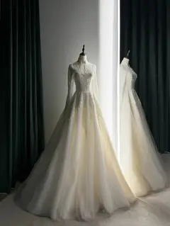 Sequin Pearl Long Sleeve Ball Gown — SW518 Ivory wedding dress, full-length side view