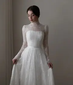 Sequin Printed Long Sleeve — SW536 Ivory wedding dress, full-length side view