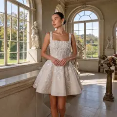 Sleeveless A-Line Short with Deep V Back — SW725 Champagne wedding dress, full-length front view