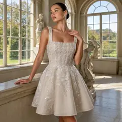 Sleeveless A-Line Short with Deep V Back — SW725 Champagne wedding dress, full-length back view