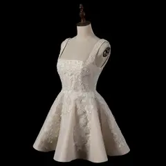 Sleeveless A-Line Short with Deep V Back — SW725 Champagne wedding dress, view 4