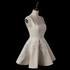 Sleeveless A-Line Short with Deep V Back — SW725 Champagne wedding dress, view 6