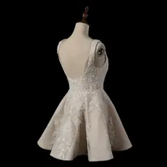 Sleeveless A-Line Short with Deep V Back — SW725 Champagne wedding dress, view 7