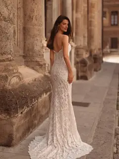Sophisticated High Cold Shoulder Beaded Lace Fitted — SW175 Ivory wedding dress, close-up detail