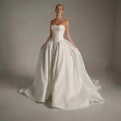 Spaghetti Strap Beaded Satin Ball Gown — SW167 Ivory wedding dress, full-length front view