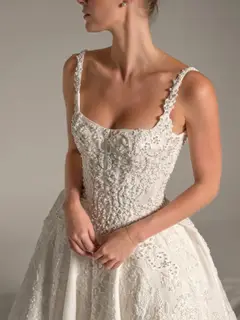 Spaghetti Strap Beaded Satin Ball Gown — SW167 Ivory wedding dress, full-length back view