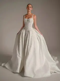 Spaghetti Strap Beaded Satin Ball Gown — SW167 Ivory wedding dress, full-length side view