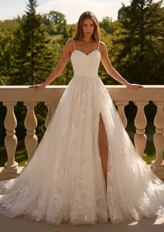 Spaghetti Strap Satin Bodice Lace Tulle with Train — SW705 Ivory wedding dress, full-length front view
