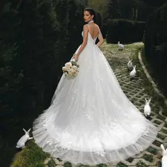 Spaghetti Strap Satin Bodice Lace Tulle with Train — SW705 Ivory wedding dress, full-length back view