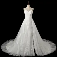 Spaghetti Strap Satin Bodice Lace Tulle with Train — SW705 Ivory wedding dress, full-length side view