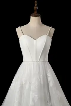 Spaghetti Strap Satin Bodice Lace Tulle with Train — SW705 Ivory wedding dress, view 4