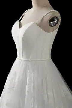 Spaghetti Strap Satin Bodice Lace Tulle with Train — SW705 Ivory wedding dress, view 6