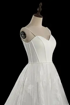 Spaghetti Strap Satin Bodice Lace Tulle with Train — SW705 Ivory wedding dress, view 7