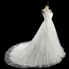 Spaghetti Strap Satin Bodice Lace Tulle with Train — SW705 Ivory wedding dress, view 8