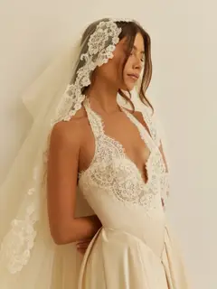 Spaghetti Strap V-Neck Lace Satin A-Line with Veil — SW738 Champagne wedding dress, full-length back view