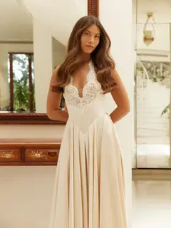 Spaghetti Strap V-Neck Lace Satin A-Line with Veil — SW738 Champagne wedding dress, full-length side view