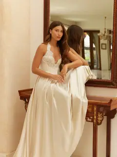 Spaghetti Strap V-Neck Lace Satin A-Line with Veil — SW738 Champagne wedding dress, view 5